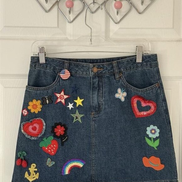 Denim Mini Skirt with Patches and Flare - Picture 5 of 9
